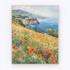 Big Sur Pintura California Amapola Acuarela Pintura California Paisaje Impresión EE.UU. Cartel de viaje Regalo de viaje P519