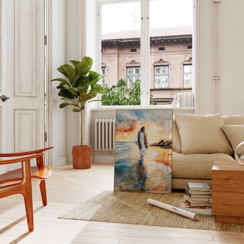 May include: A painting of a man walking on water with a sunset in the background. The painting is framed in a gold frame and is hanging on a white wall.