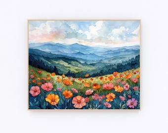 ブルーリッジパークウェイの水彩画、ノースカロライナの風景画、アパラチア山脈のイラスト、P675
