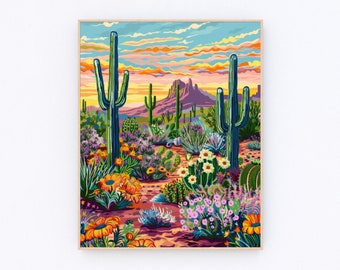 Desert Sunset Cactus Art Print, Southwest Landscape (Digital Download) P658