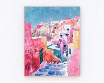 Greece Painting Oia Kikladhes Art Print Santorini Greece Wall Art Greece Cityscape Poster Santorini Travel Gift P540