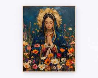 May include: A painting of a woman in a blue robe with a gold halo, surrounded by colorful flowers. She is praying with her hands clasped together.