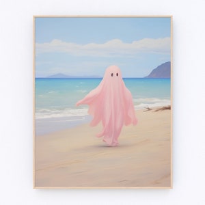 Ghost On Hawaii Beach Painting Funny Halloween Decor Coastal Halloween Decor Trendy Pastel Preppy Pink Wall Art P140