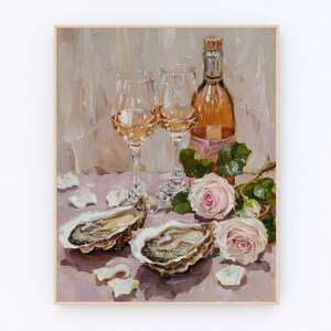 Oysters Painting Wine and Seafood Painting Retro Kitchen Decor Food Art Print #P585