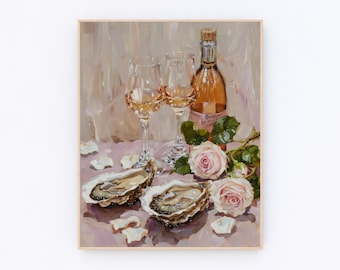 Oysters Painting Wine and Seafood Painting Retro Kitchen Decor Food Art Print #P585