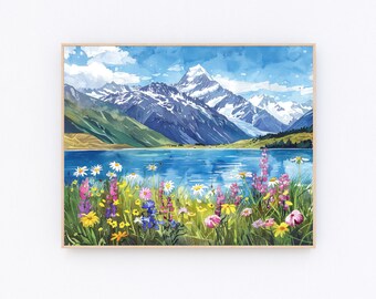 Aoraki Mount Cook Painting Queenstown Wall Art New Zealand Landscape Poster New Zealand  Poster Travel Gift P551