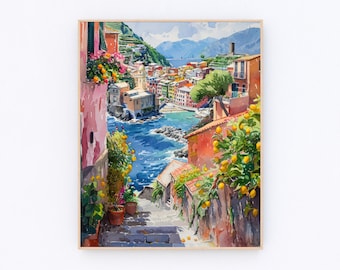 Peut inclure: Peinture à l'aquarelle d'un village italien coloré avec un escalier sinueux menant à la mer. La scène est encadrée par une végétation luxuriante et des citronniers.