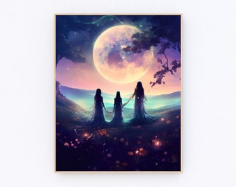 Moon Calling Magic Witchy Ritual Mythical Wall Art Witch Art Print Vintage Witch Print Neutral Wicca Rustic Print Oil Painting P104