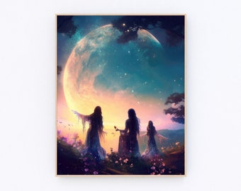 Moon Calling Magic Witchy Ritual Mythical Wall Art Witch Art Print Vintage Witch Print Neutral Wicca Rustic Print Oil Painting P105