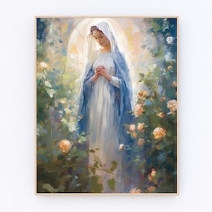 May include: A painting of a woman in a blue and white robe standing in a garden with roses. She is looking down and her hands are clasped in prayer.