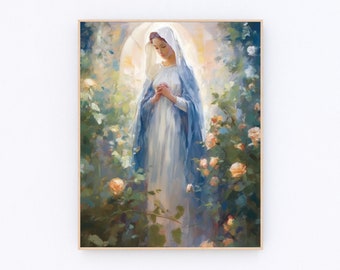 May include: A painting of a woman in a blue and white robe standing in a garden with roses. She is looking down and her hands are clasped in prayer.
