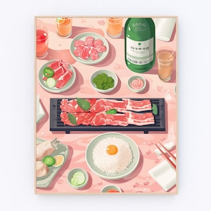 Cartel de barbacoa coreana, arte de pared de comida coreana, cartel de comida asiática, cartel de ilustración Giclée, cartel de cocina, decoración de pared de cocina retro P900
