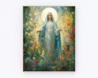 May include: A painting of the Virgin Mary standing in a garden with flowers and greenery. She is wearing a blue robe and a white veil. The background is a soft, golden light.