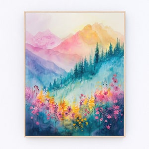 Puede incluir: Pintura acuarela de una cordillera con un cielo de puesta de sol vibrante. Las montañas están pintadas en tonos de rosa, naranja, amarillo y azul. El primer plano presenta un campo de flores silvestres en tonos de rosa, amarillo y morado.