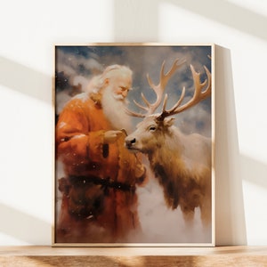 Vintage Christmas Wall Art Santa&#39;s Reindeer Companionship Printable Christmas Oil Painting Christmas Art Cottagecore Decor P091