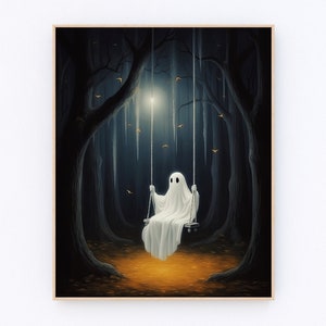 Ghost On Swing Print Haunting Ghost Painting Cute Chost Print Dark Academia Decor Spooky Halloween Photo Decor P124