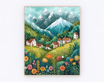 ラウターブルンネン - スイス 絵画 スイスアルプス 山 壁画、水彩風景