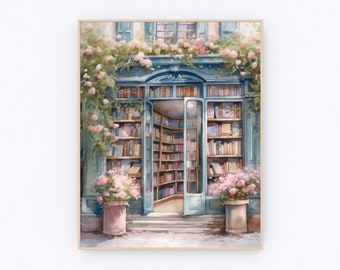 French Bookstore Art Print, Europe Bookshop Painting (Digital Download) P652