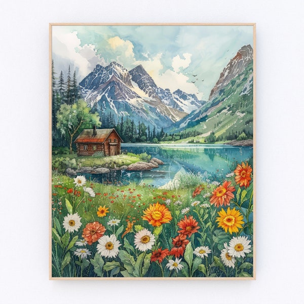 Norway Painting Lake and Mountain Painting Norway Landscape Print Mountain Illustration P603