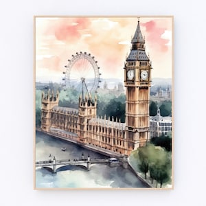 London watercolor painting Big Ben sketch London Wall Art London eye print England Landscape Poster Europe Poster Travel Gift P647