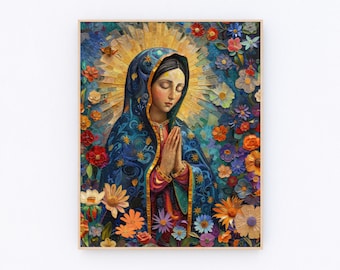 May include: A painting of the Virgin Mary in a blue robe with gold accents, surrounded by colorful flowers. She is praying with her hands clasped together.