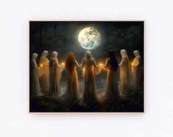 May include: A group of eight women in white flowing gowns stand in a circle, holding hands and facing a large, full moon. The women are illuminated by soft, warm light, creating a mystical and ethereal atmosphere.