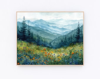 Blue Ridge Parkway watercolor Painting North Carolina Landscape Print Appalachian Mountain Illustration P640