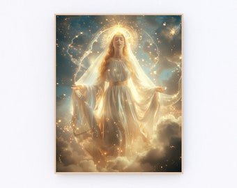 May include: A woman in a white gown with a halo stands on clouds surrounded by golden light and stars. The woman is wearing a white veil and has long blonde hair.