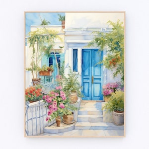 Retro European Painting Coastal Town Print Greece Painting Santorini Street Painting Santorini Greece Wall Art Santorini Travel Gift P662