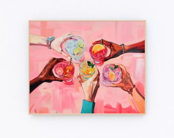 Retro Pink Cheers Print Bar Cart Decor Pink Cocktail Print Trendy Wall Art Aesthetic Dorm Drink Lover Poster P317