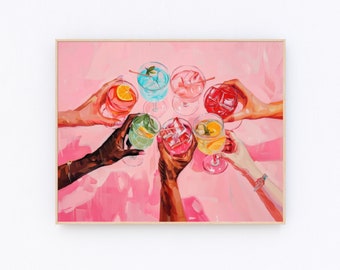 Retro Pink Cheers Print Bar Cart Decor Pink Cocktail Print Trendy Wall Art Aesthetic Dorm Drink Lover Poster P316