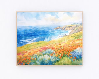 Mohnblume Aquarell Malerei Big Sur Kalifornien Druck USA Reise Poster Reise Geschenk P516
