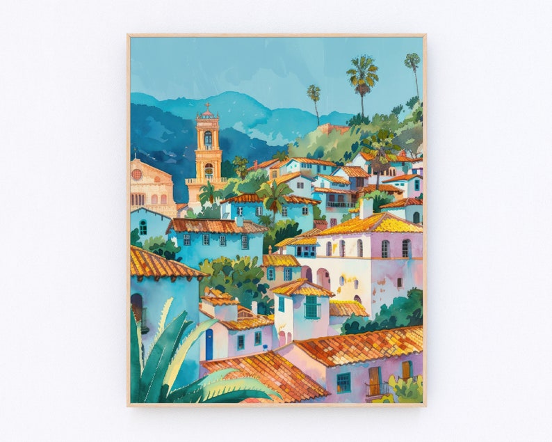 May include: A watercolor painting of a colorful village nestled in a hillside with a bell tower and palm trees. The buildings are painted in shades of blue, yellow, and pink, with terracotta tile roofs. The sky is a bright blue with fluffy white clouds.