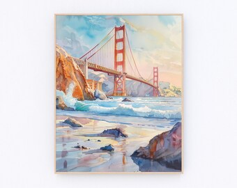 Póster de acuarela del puente Golden Gate de San Francisco, paisaje de California, póster de viaje de EE. UU., regalo de viaje P504