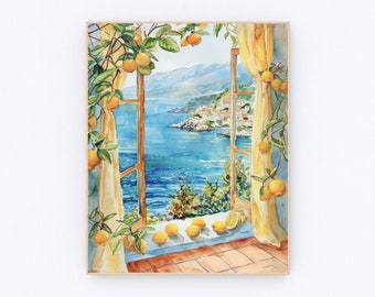 Lemon Tree Painting  Amalfi Coast Travel Gift Sicilian Wall Art Turquoise Water Poster Aesthetic Dorm Room Decor P500