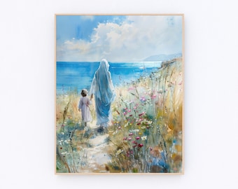 Mother Mary And Jesus Walking in Beach Poster Blessed Virgin Mary Painting Jesus Portrait Christian Prayer Wall Art Catholic Gifts P435