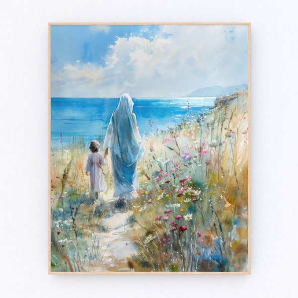 Mother Mary And Jesus Walking in Beach Poster Blessed Virgin Mary Painting Jesus Portrait Christian Prayer Wall Art Catholic Gifts P435