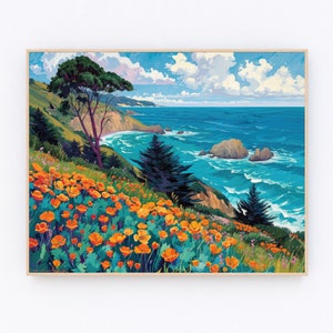 Big Sur Pintura California Amapola Acuarela Pintura California Paisaje Impresión EE.UU. Cartel de viaje Regalo de viaje P591