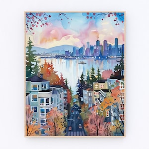 Vancouver Watercolor Painting Canada Landscape Poster Canada British Columbia Art Print Travel Gift P526