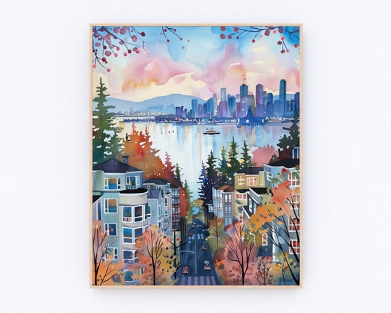 Vancouver Watercolor Painting Canada Landscape Poster Canada British Columbia Art Print Travel Gift P526