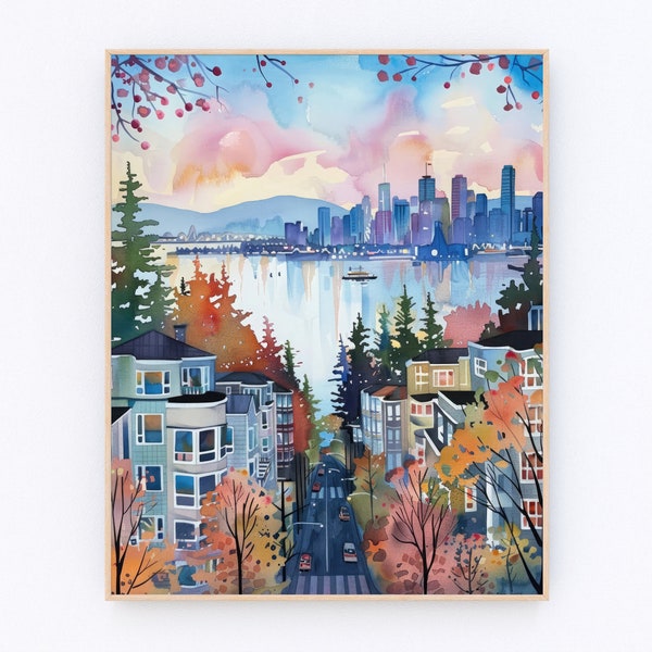 Vancouver Watercolor Painting Canada Landscape Poster Canada British Columbia Art Print Travel Gift P526