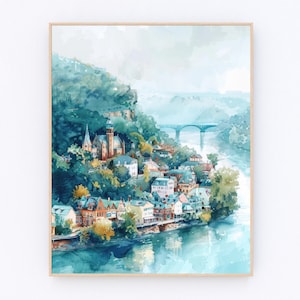 Harpers Ferry Watercolor Painting Virgina Landscape Poster USA Travel Poster Travel Gift P511