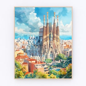 Pintura de Barcelona La Sagrada Familia Basílica Impresión artística Póster de paisaje de Barcelona Impresión europea Regalo de viaje P544