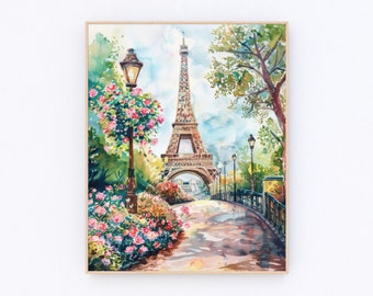 May include: A watercolour painting of the Eiffel Tower in Paris, France. The tower is depicted in the background, with a cobbled pathway leading towards it. The foreground features a lush green park with pink and white flowers, and a street lamp.