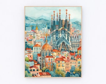 May include: A watercolor painting of the Sagrada Familia basilica in Barcelona, Spain. The painting features a detailed depiction of the basilica's intricate architecture, including its towers, arches, and stained glass windows. The painting also includes a cityscape of Barcelona in the background.