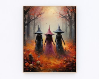 Brujas embrujadas en un campo de flores. Bruja mística caminando por el bosque. Impresión artística de bruja. Impresión vintage de bruja. Impresión rústica wicca neutra. P109