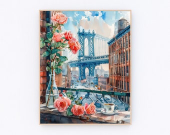 マンハッタン橋プリント ニューヨーク絵画 ブルックリン水彩画 ニューヨーク風景ポスター アメリカ旅行ポスター 新築祝いギフト P525