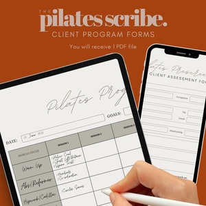 May include: Digital Pilates program forms on a tablet and smartphone. The tablet displays a workout schedule with sections for warm-up, abs, and hipwork. The smartphone shows a client assessment form. The background is a warm orange.