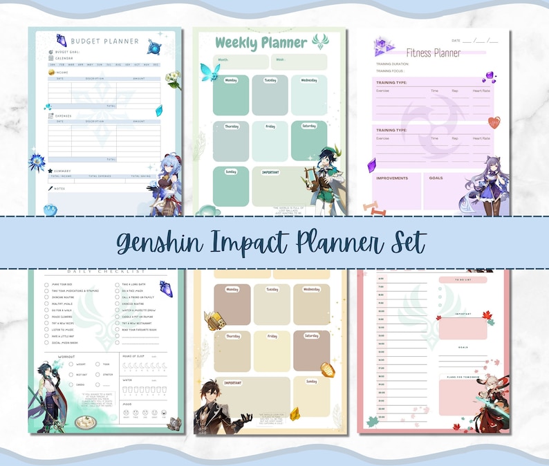 Genshin Impact Planner Set, Weekly, Daily, Habit Tracker, Budget, Timetable, Venti, Diluc ...
