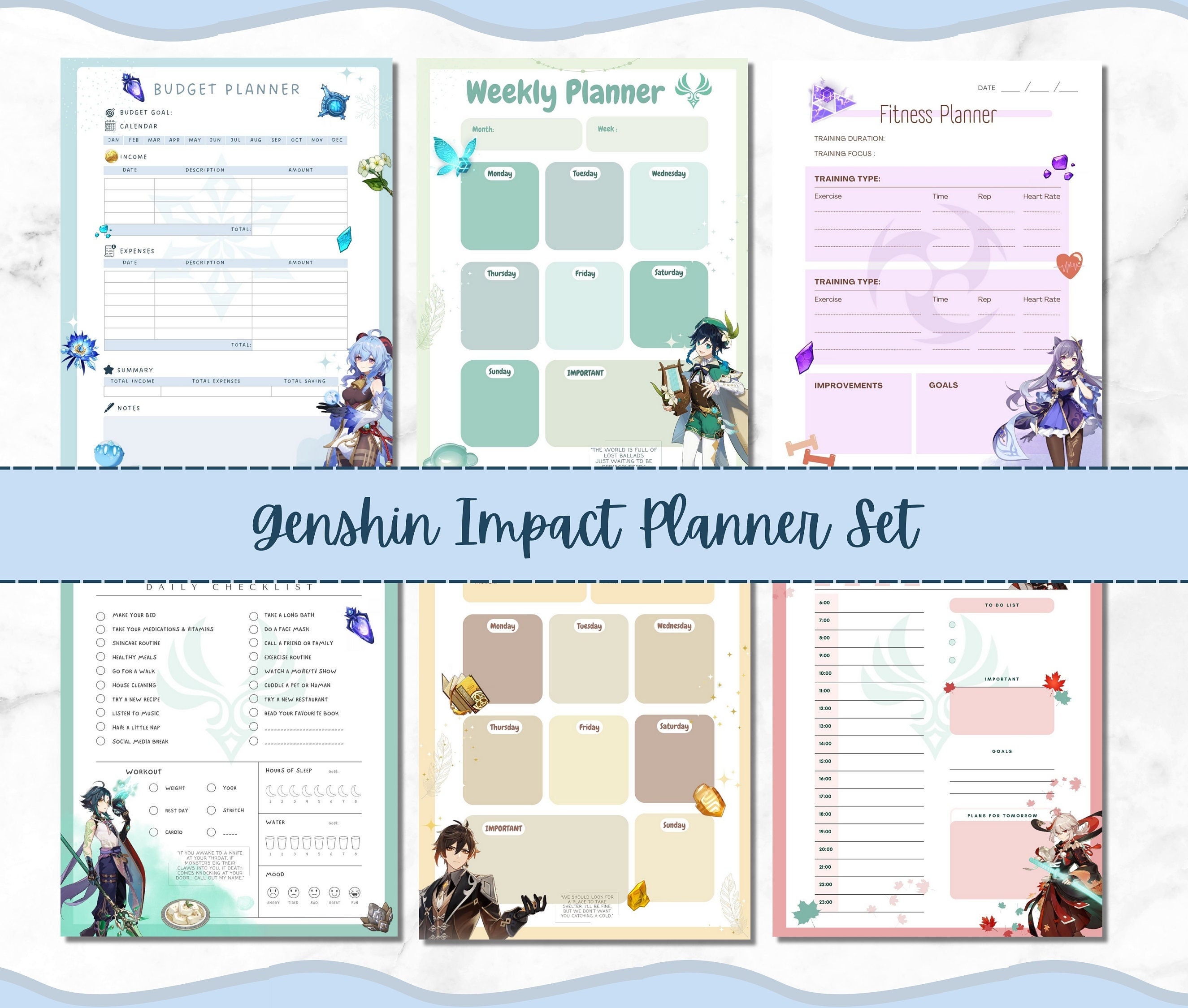 Genshin Impact Planner Set, Weekly, Daily, Habit Tracker, Budget, Timetable, Venti, Diluc ...